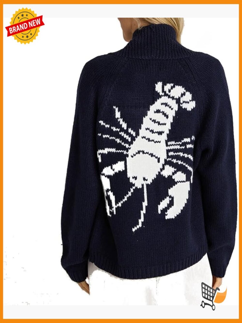 Lobster Print Long Sleeve Cardigan Sweater Loose Fit V-Neck Button Down Knit